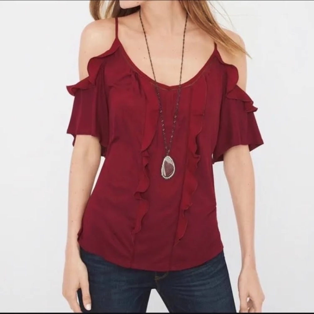 WHBM Burgundy Cold Shoulder Ruffle Top